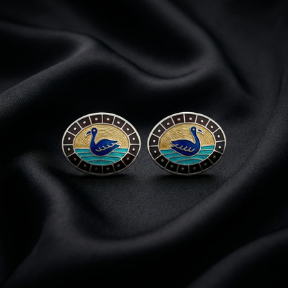 Enamelled Silver Swan Oval Stud Earrings