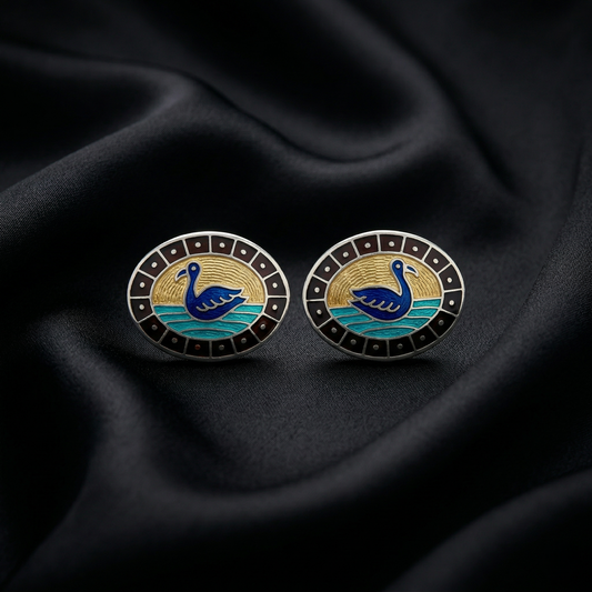Enamelled Silver Swan Oval Stud Earrings