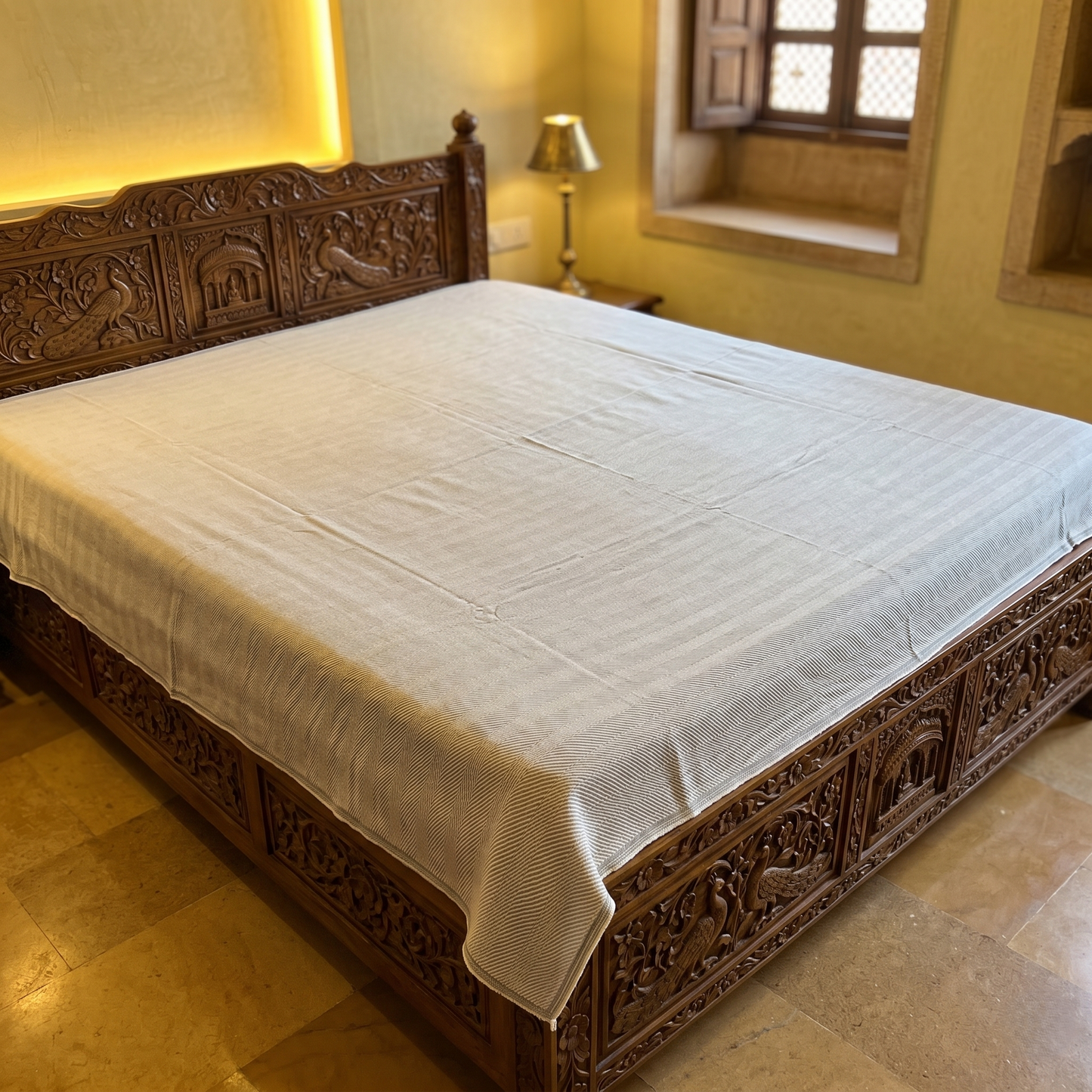 Minimalist Ivory Geometric Handcrafted Cotton Bedcover