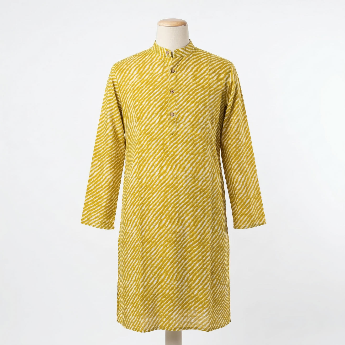 Mustard Leheriya Print Cotton Slim Kurta