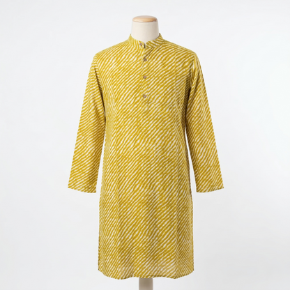 Mustard Leheriya Print Cotton Slim Kurta