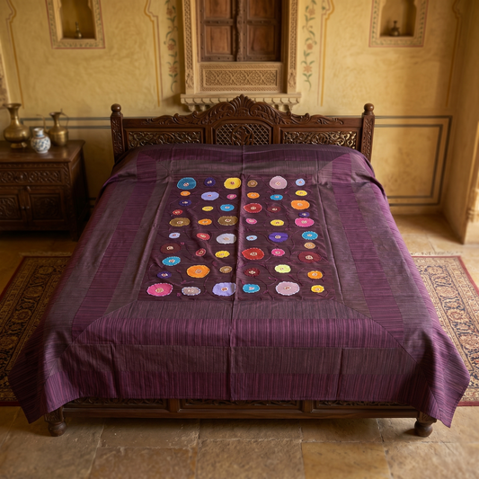 Deep Plum Floral Appliqué Luxury Bedcover