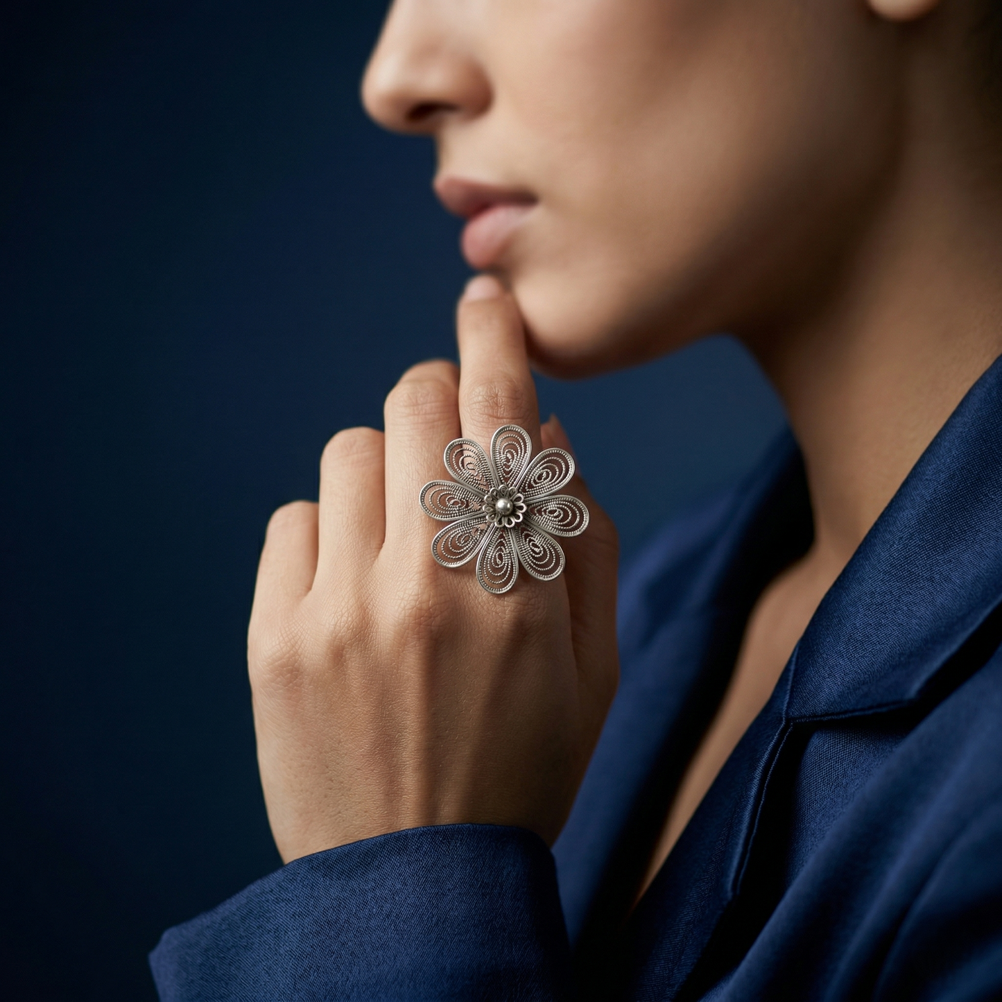 Handcrafted Silver Filigree Floral Petal Ring