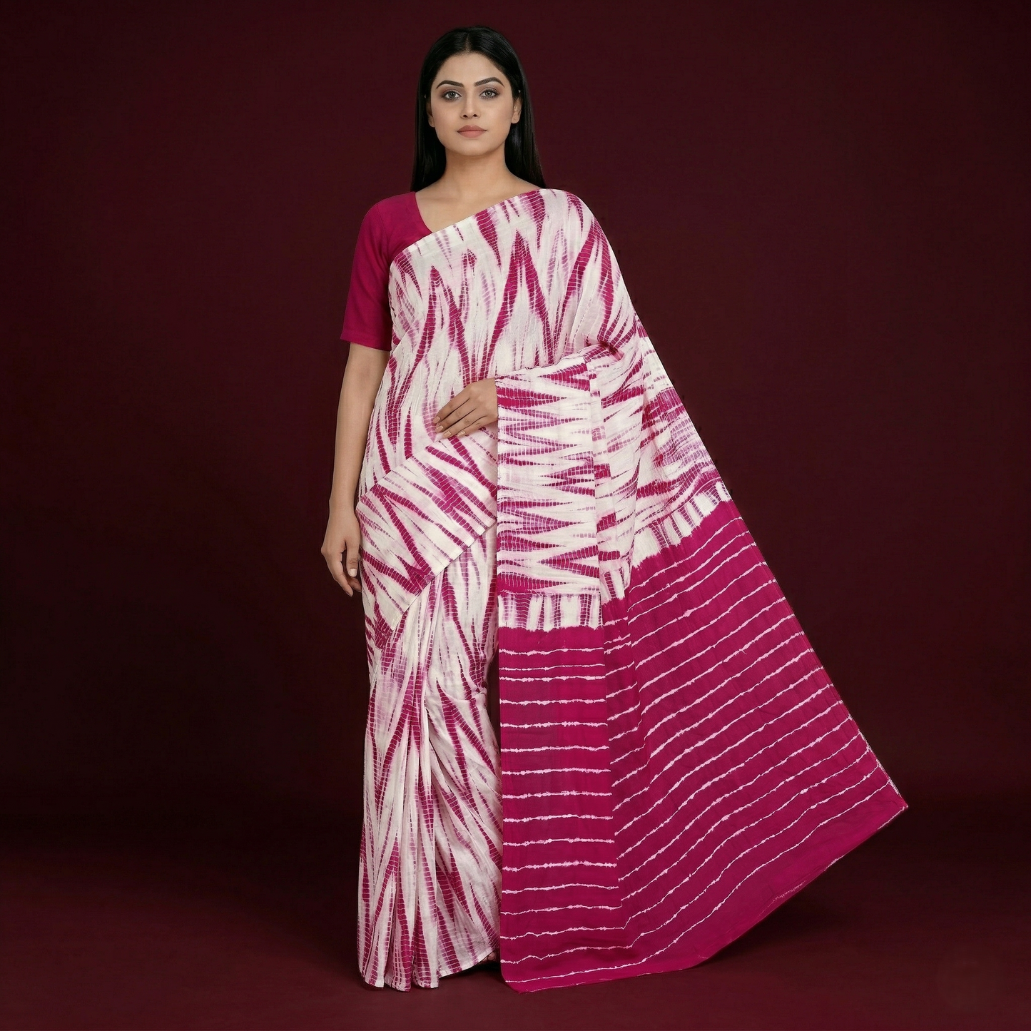 Magenta Shibori Geometric Hand Dyed Saree