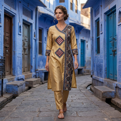 Gold Silk Kurti with Ajrakh Accents