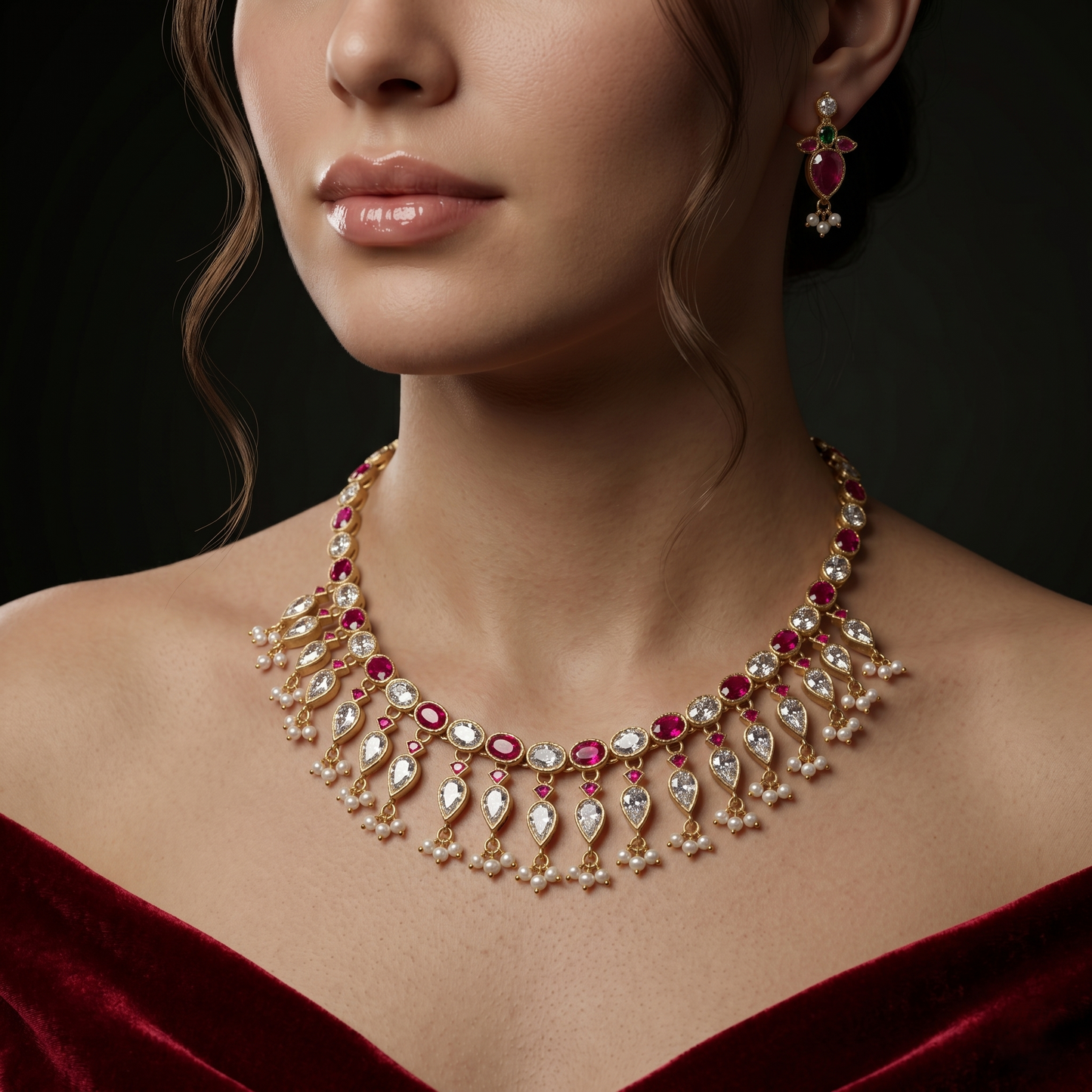 Exquisite Ruby Floral Silver Necklace Set