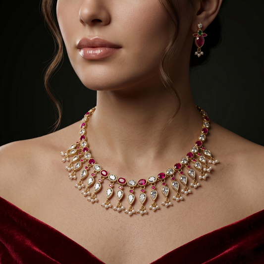 Exquisite Ruby Floral Silver Necklace Set