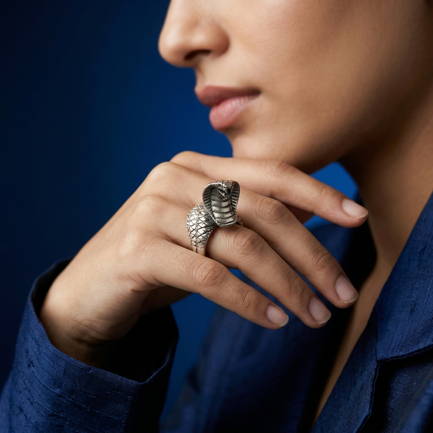 Striking Cobra Oxidized Silver Statement Ring