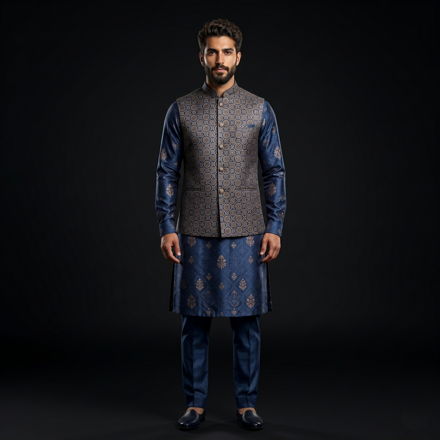 Royal Indigo Heritage Ajrakh Silk Waistcoat