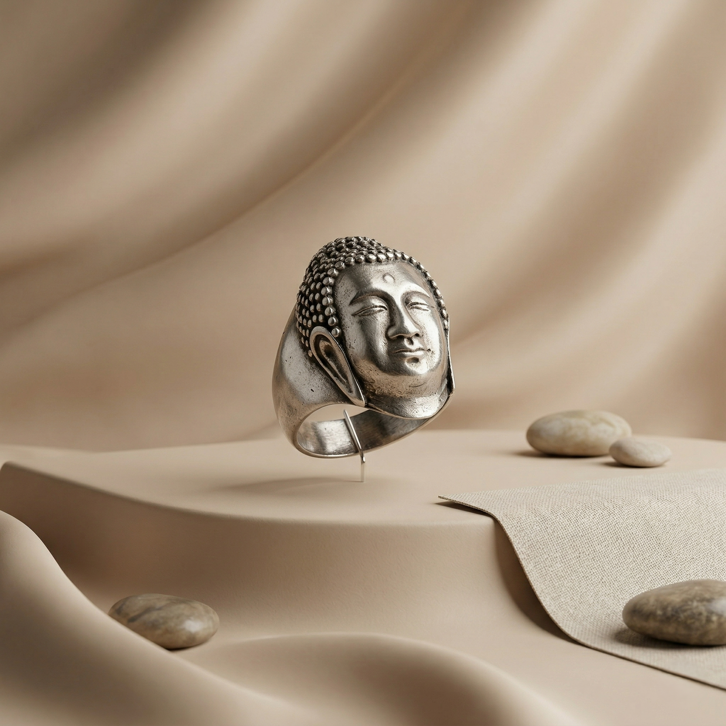 Serene Silver Buddha Head Statement Ring