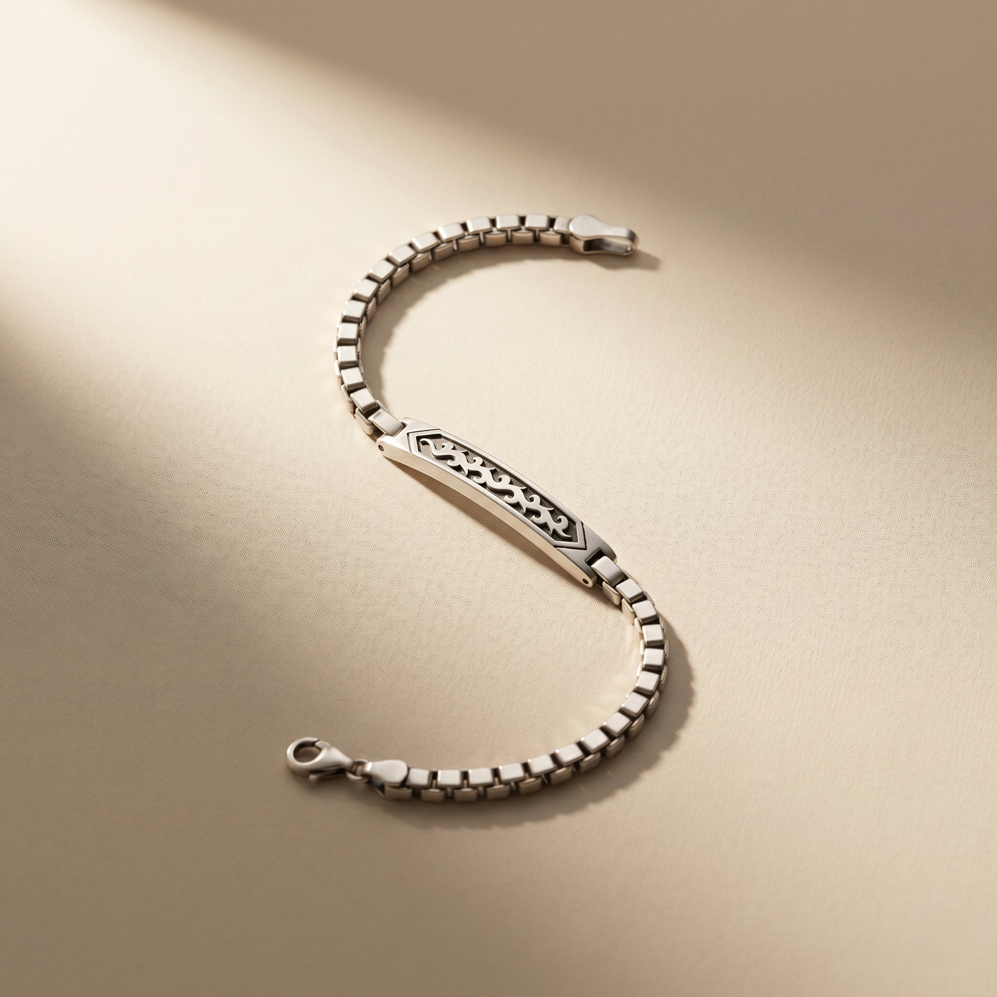Tribal Flame Engraved Silver Box Bracelet