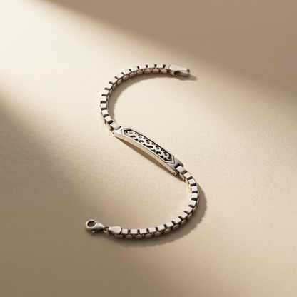 Tribal Flame Engraved Silver Box Bracelet
