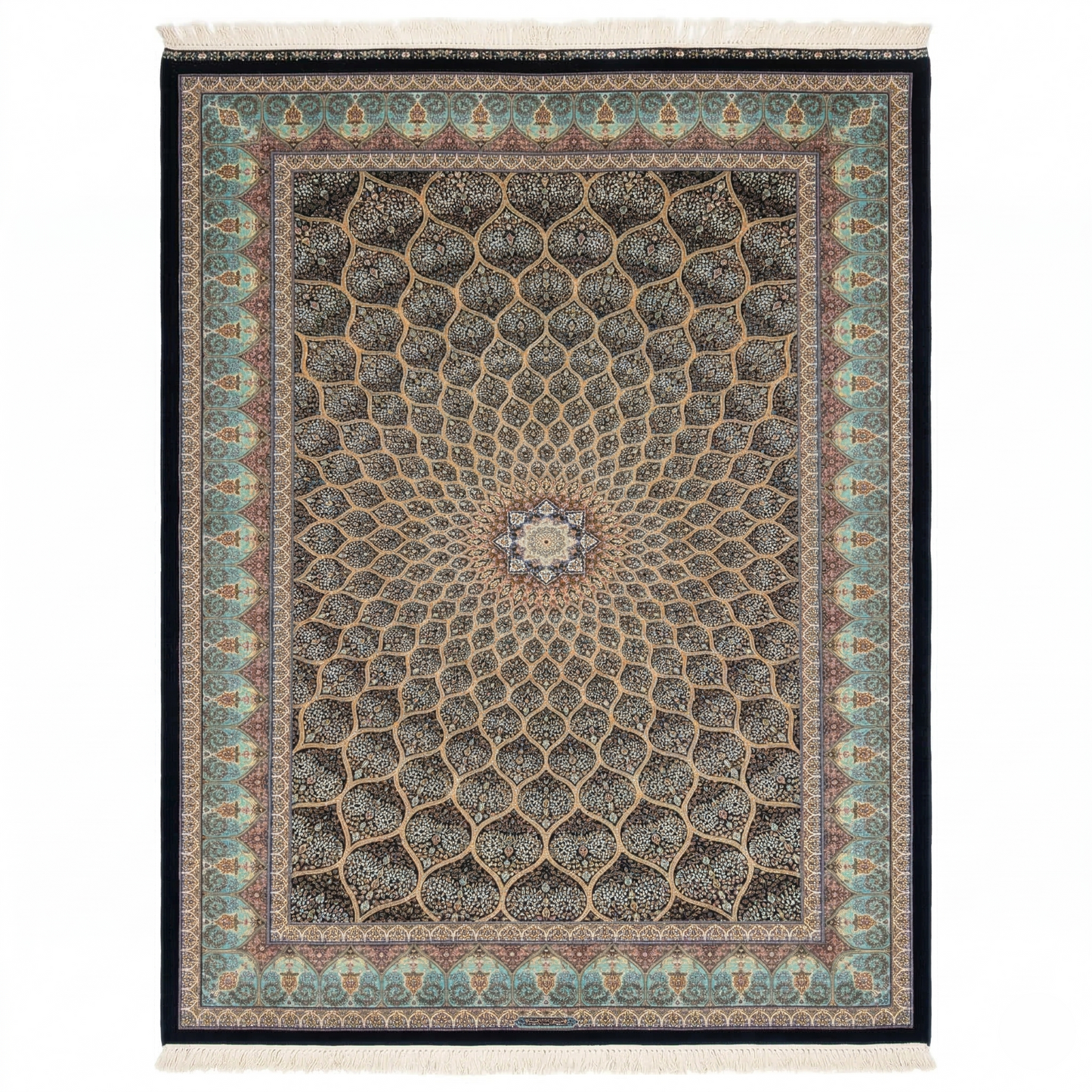 Traditional Intricate Teal Medallion Silk Rug