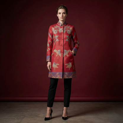 Imperial Crimson Bird Brocade Tunic