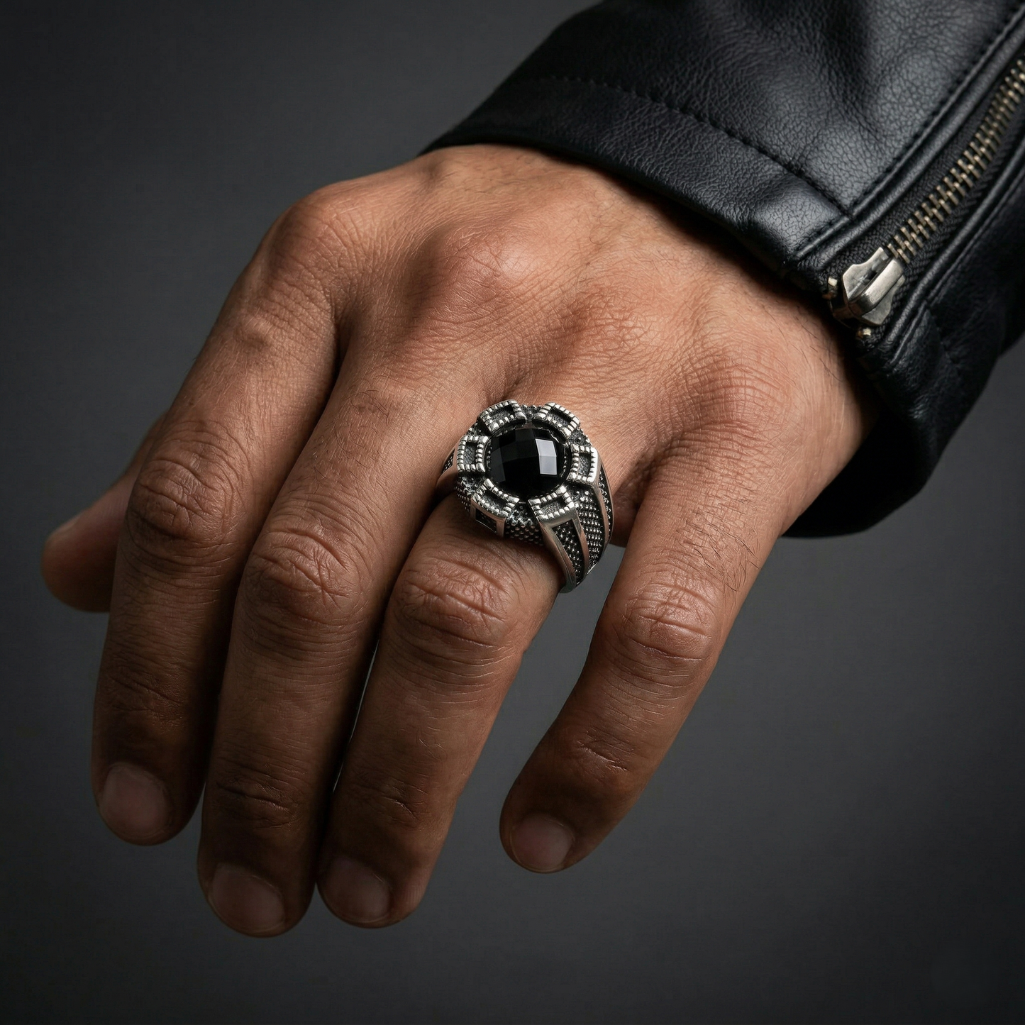 Bold Geometric Onyx Silver Signet Ring