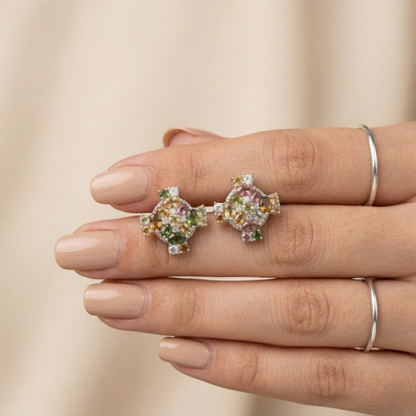Regal Sterling Multi-Gemstone Diamond Floral Studs
