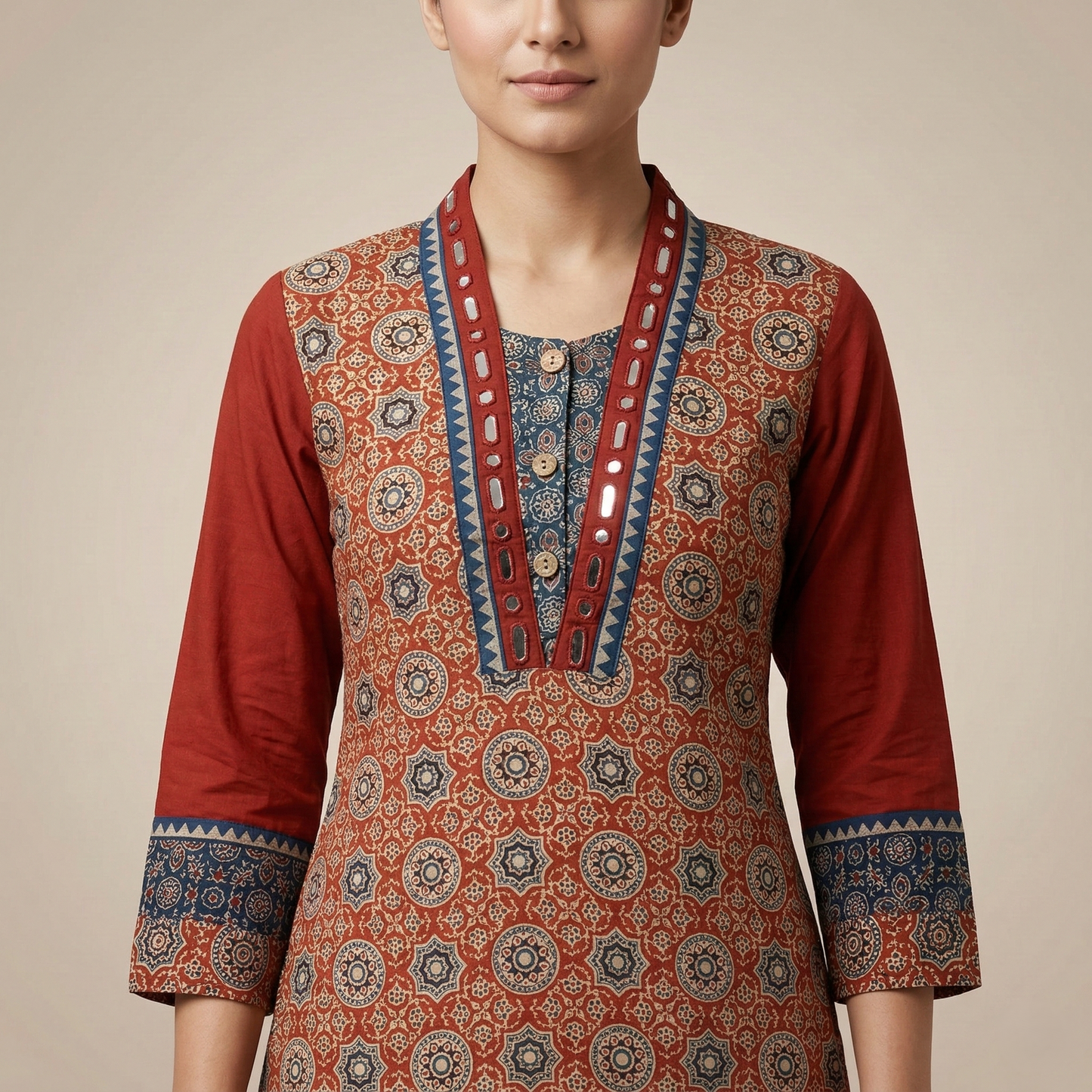 Earthy Maroon Ajrakh Print Ethnic Kurti