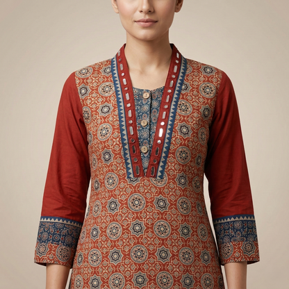 Earthy Maroon Ajrakh Print Ethnic Kurti