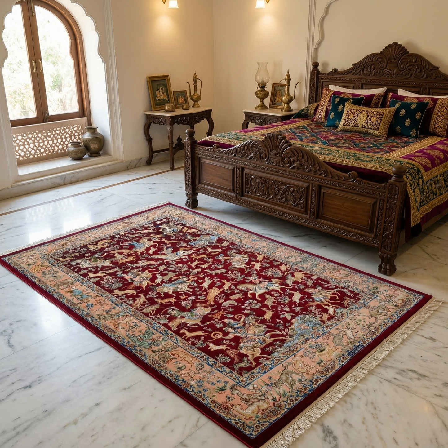 Royal Mughal Hunt Silk Area Rug