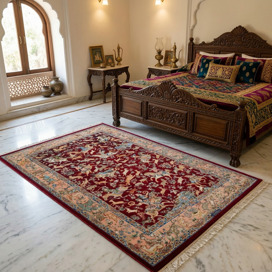 Royal Mughal Hunt Silk Area Rug
