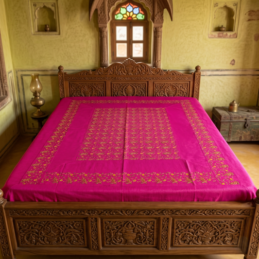 Royal Magenta Silk Hand-Embroidered Bedcover