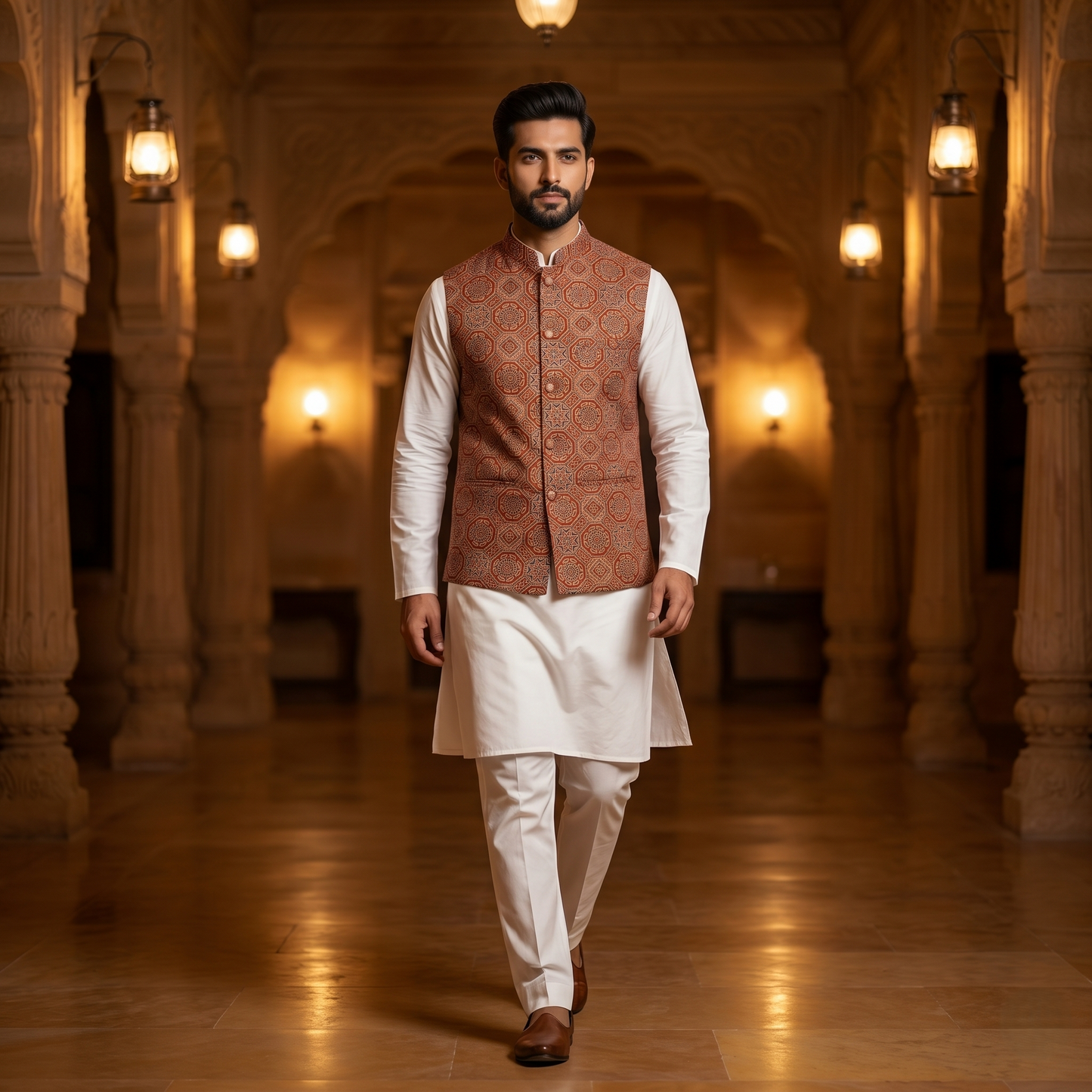 Heritage Ajrakh Print Silk Nehru Jacket
