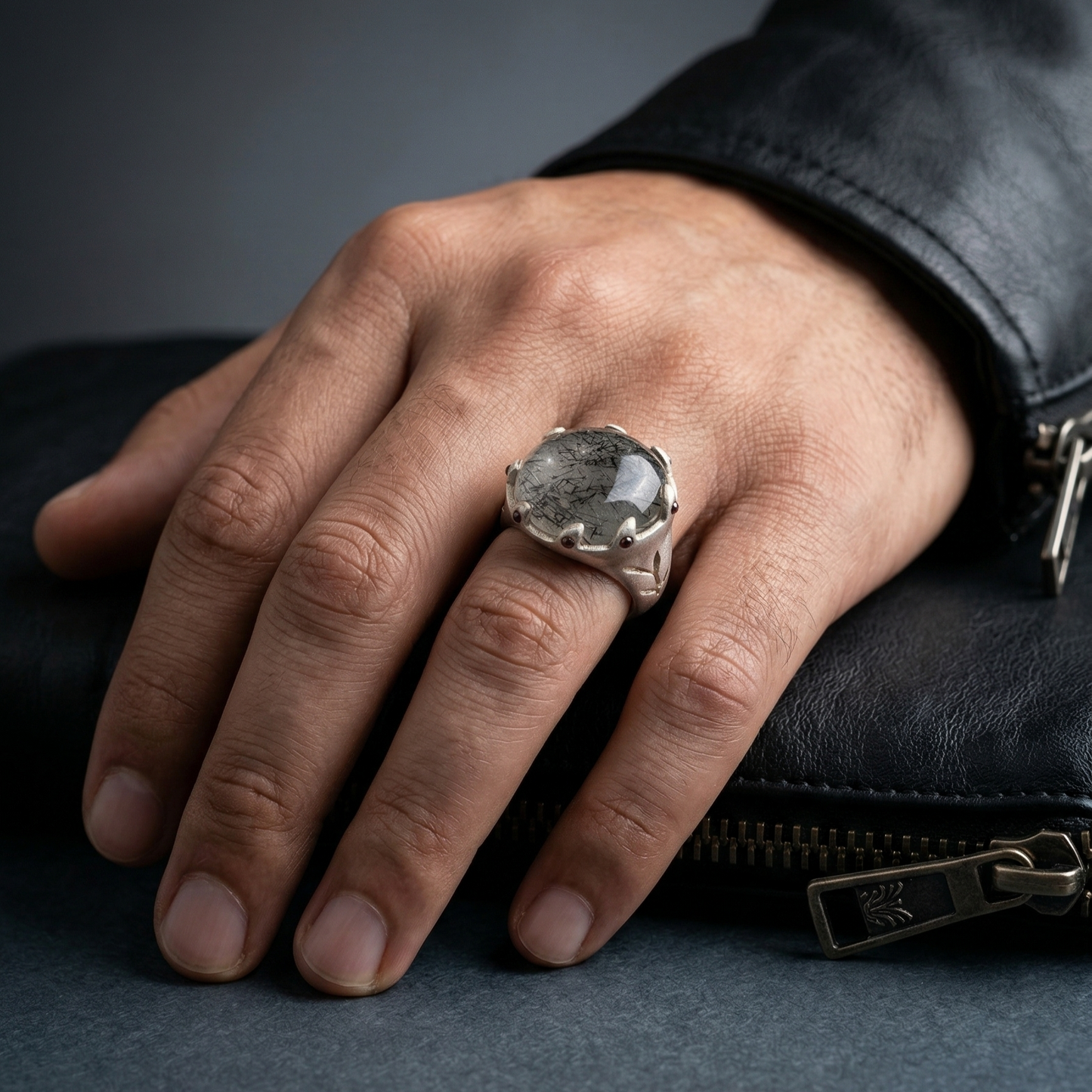 Rutilated Quartz Silver Crown Signet Ring