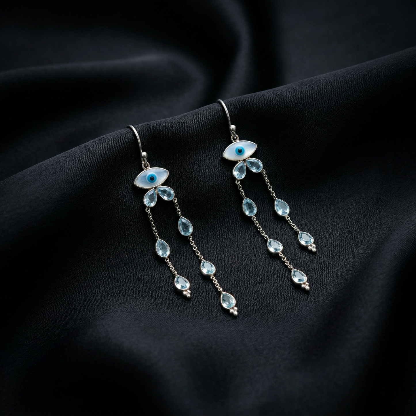 Celestial Evil Eye Silver Dangle Earrings