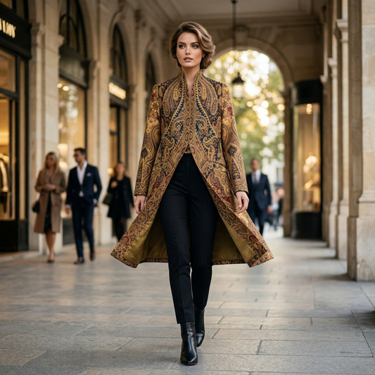 Gold Paisley Tapestry Stand Collar Coat