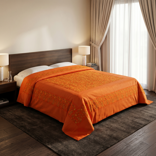 Luxurious Saffron Silk Hand Embroidered Bedcover
