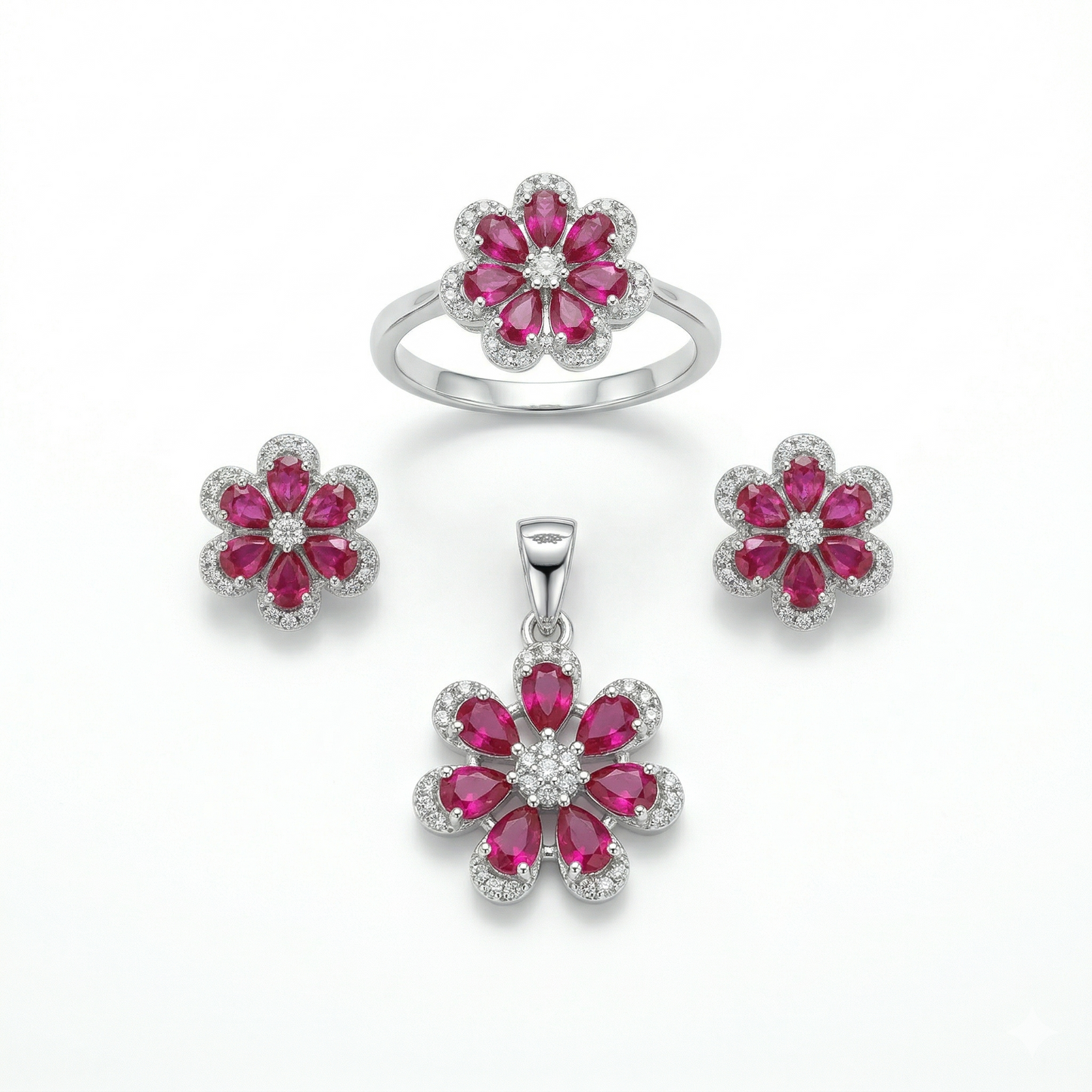 Exquisite Ruby Floral 92.5 Silver Set