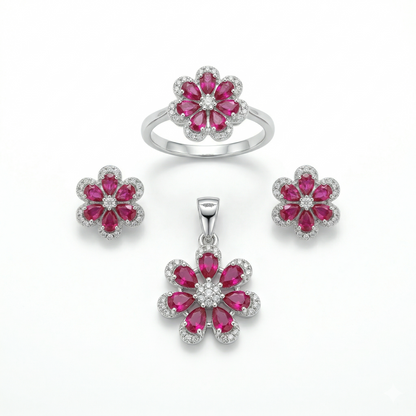 Exquisite Ruby Floral 92.5 Silver Set
