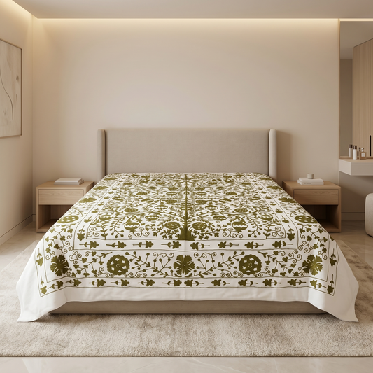 Handcrafted Olive Floral Luxury Cotton Bedcover
