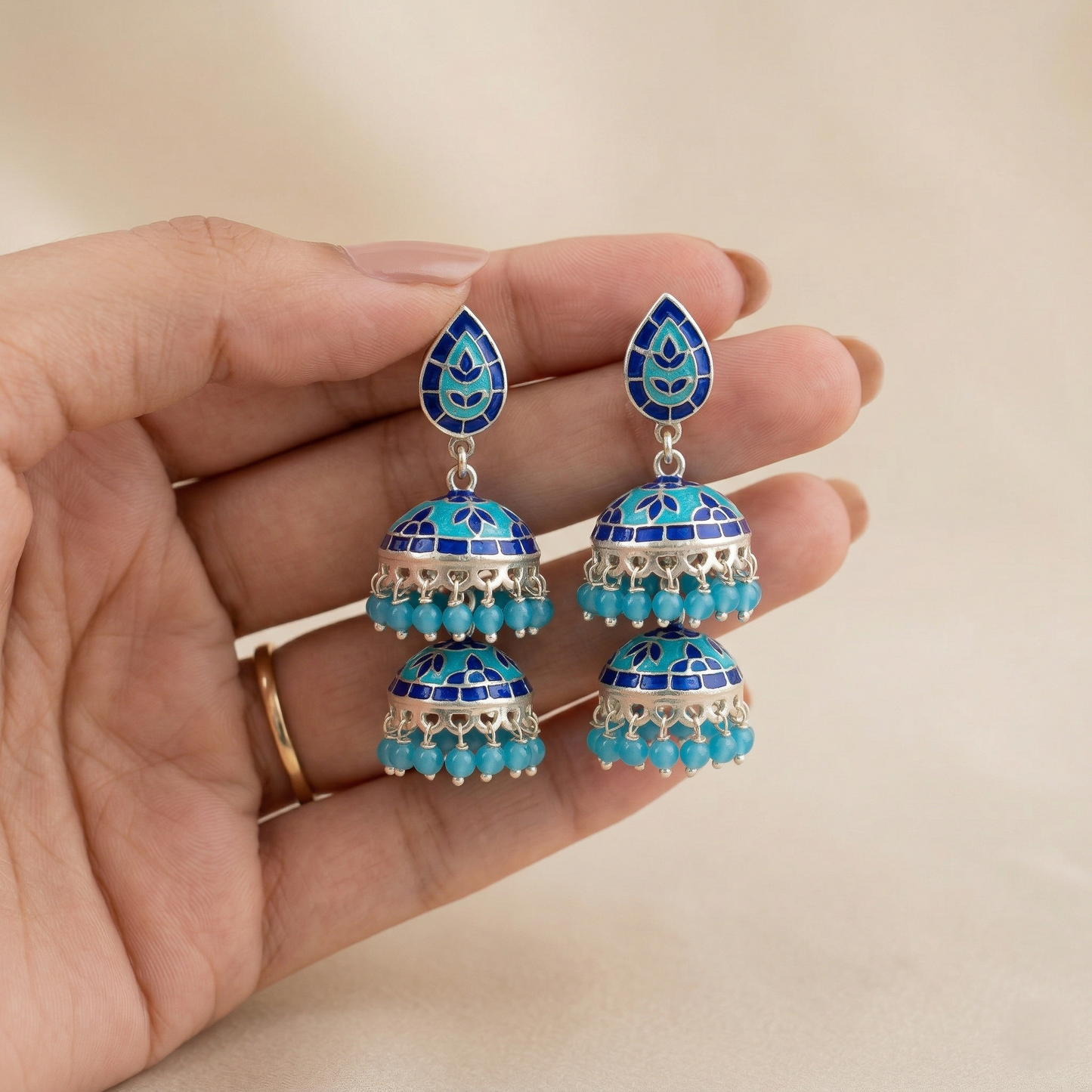 Ocean Azure Double-Tiered Silver Jhumkas