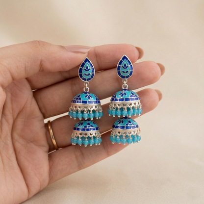 Ocean Azure Double-Tiered Silver Jhumkas
