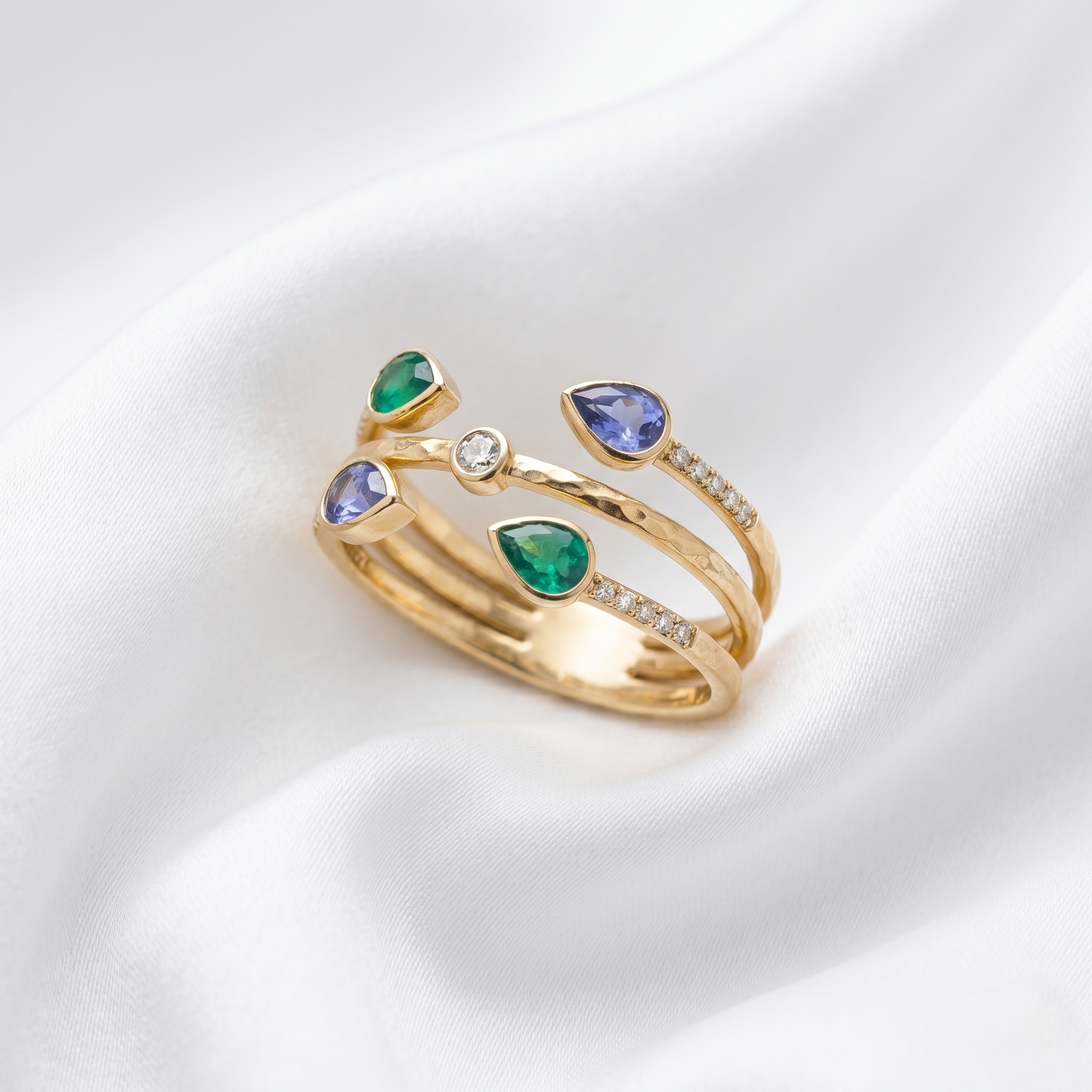Multi Row Gold Multi-Gemstone Bypass Ring