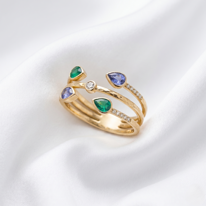 Multi Row Gold Multi-Gemstone Bypass Ring