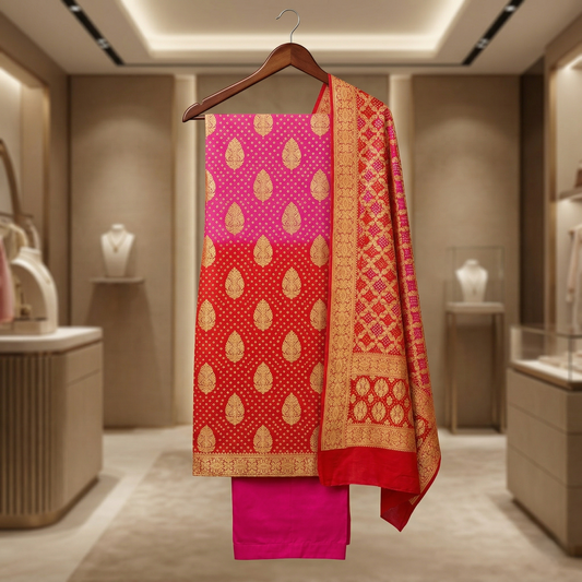 Pink-Red Ombre Banarasi Georgette Suit
