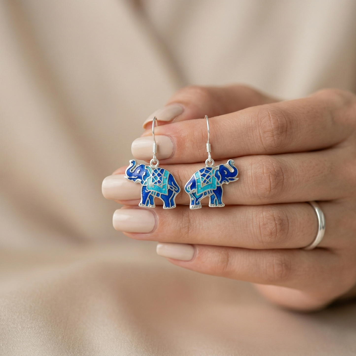 Royal Blue Meenakari Silver Elephant Drops