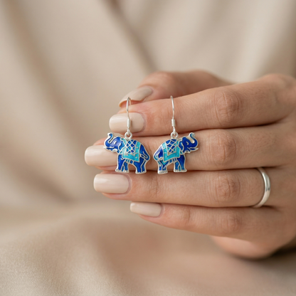 Royal Blue Meenakari Silver Elephant Drops