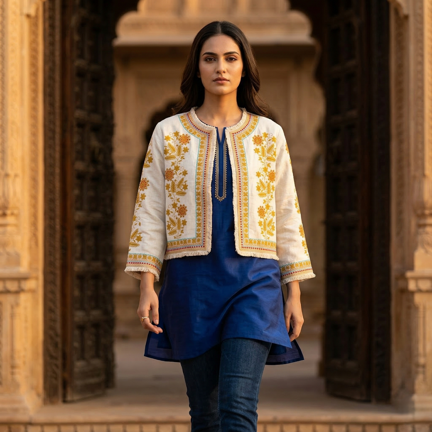 Heritage Floral Embroidered Linen Bolero Jacket