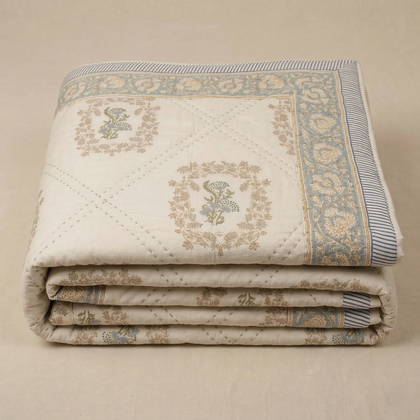 Elegant Sage Diamond Hand Block Quilt