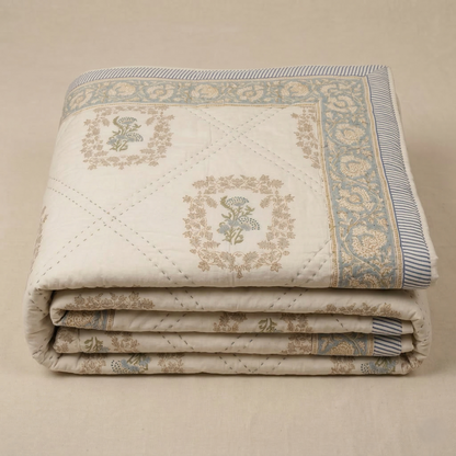 Elegant Sage Diamond Hand Block Quilt