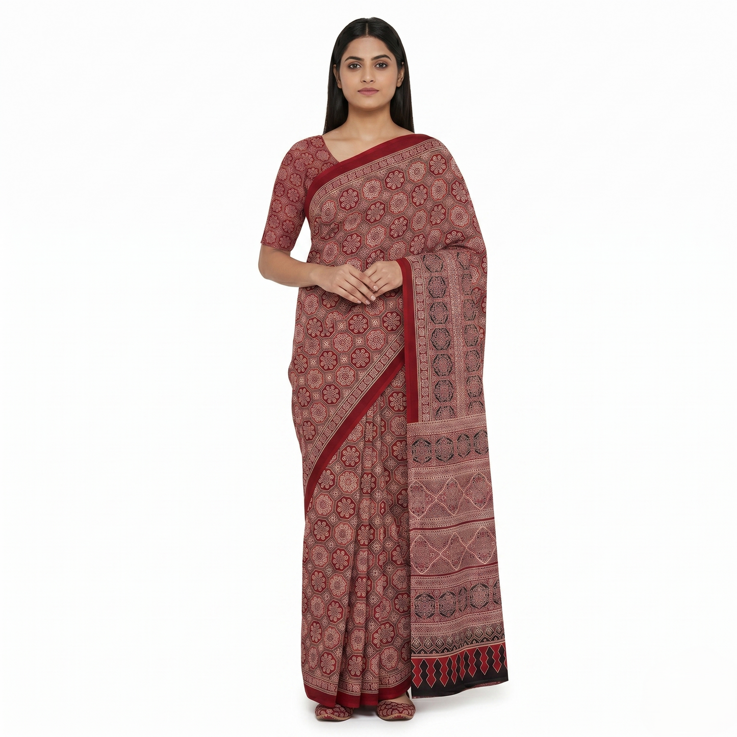 Maroon Ajrakh Print Traditional Cotton Saree