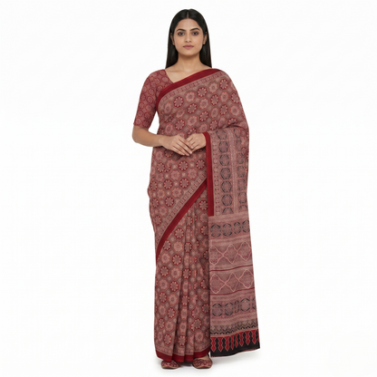 Maroon Ajrakh Print Traditional Cotton Saree