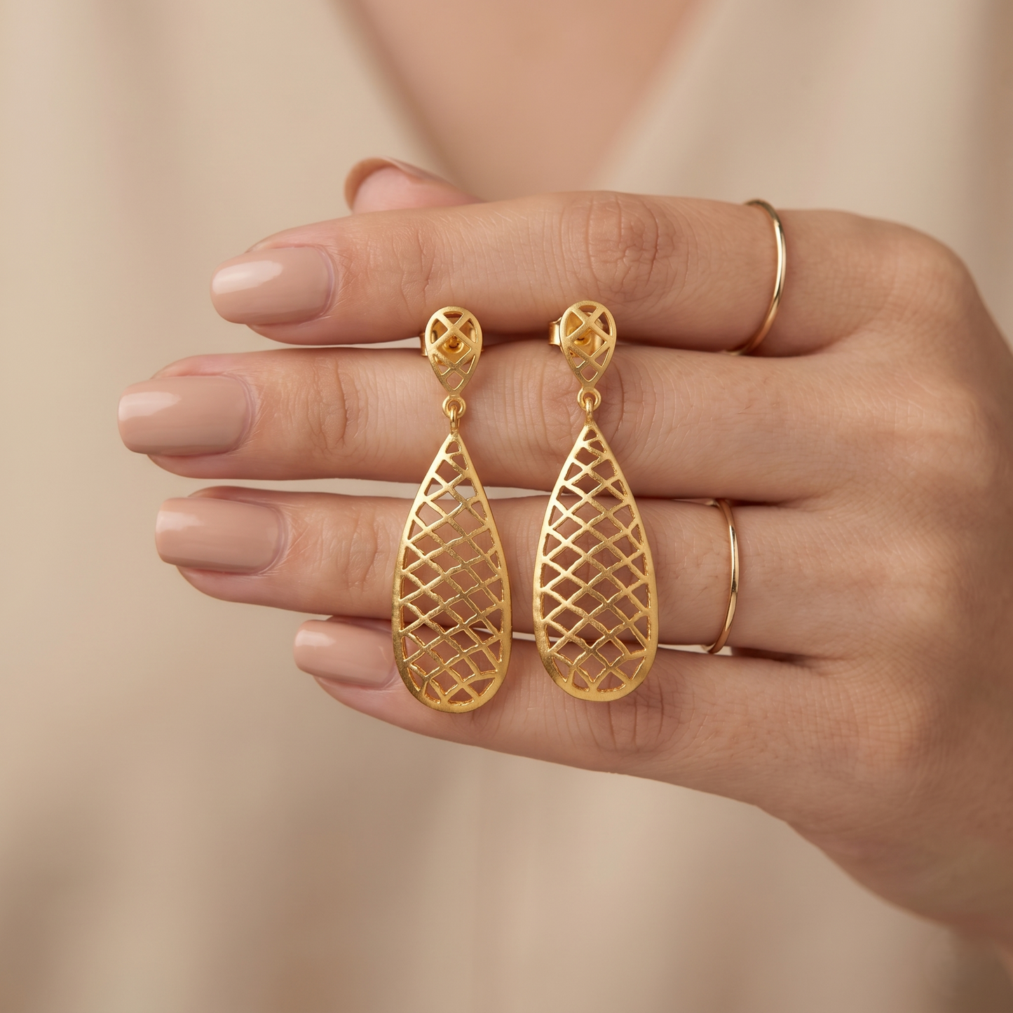 Lattice Teardrop Gold Plated Silver Earrings