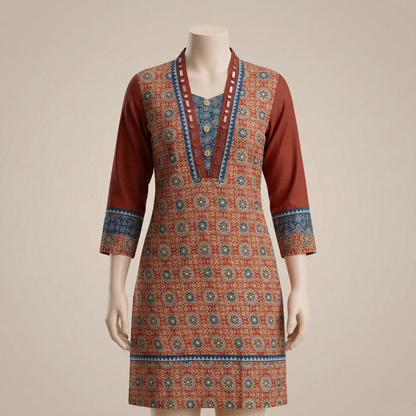 Earthy Maroon Ajrakh Print Ethnic Kurti