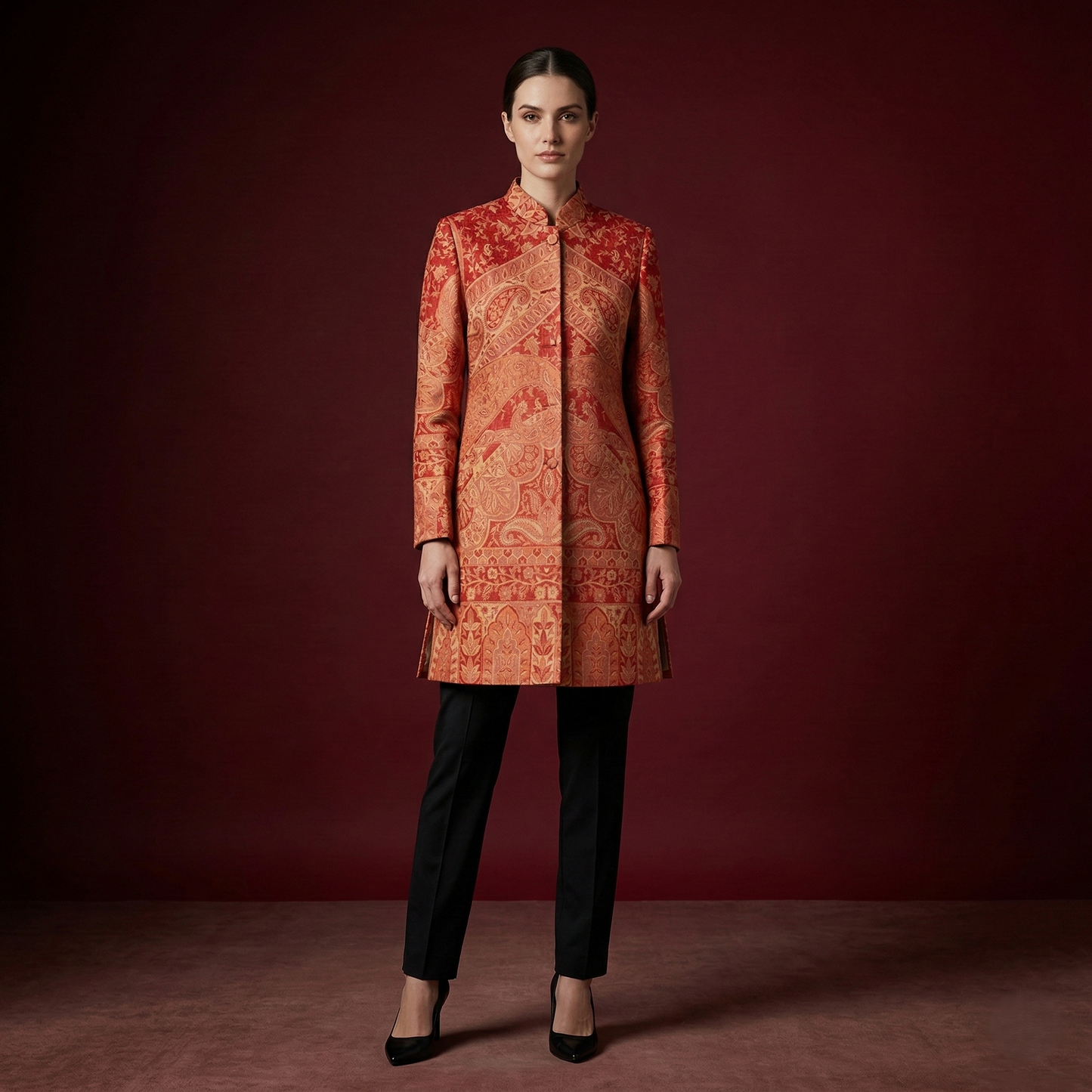 Orange Paisley Intricate Mandarin Collar Tunic