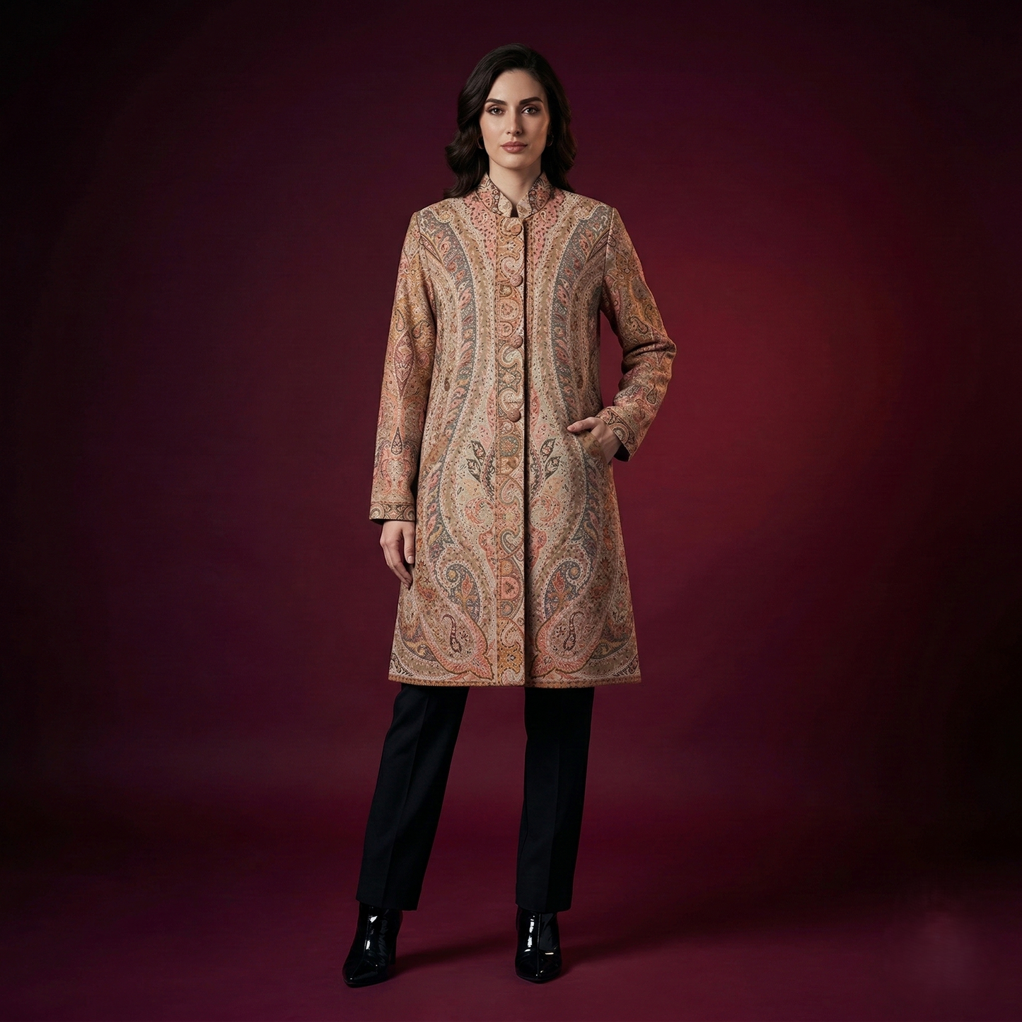 Elegant Intricate Paisley Pattern Long Coat