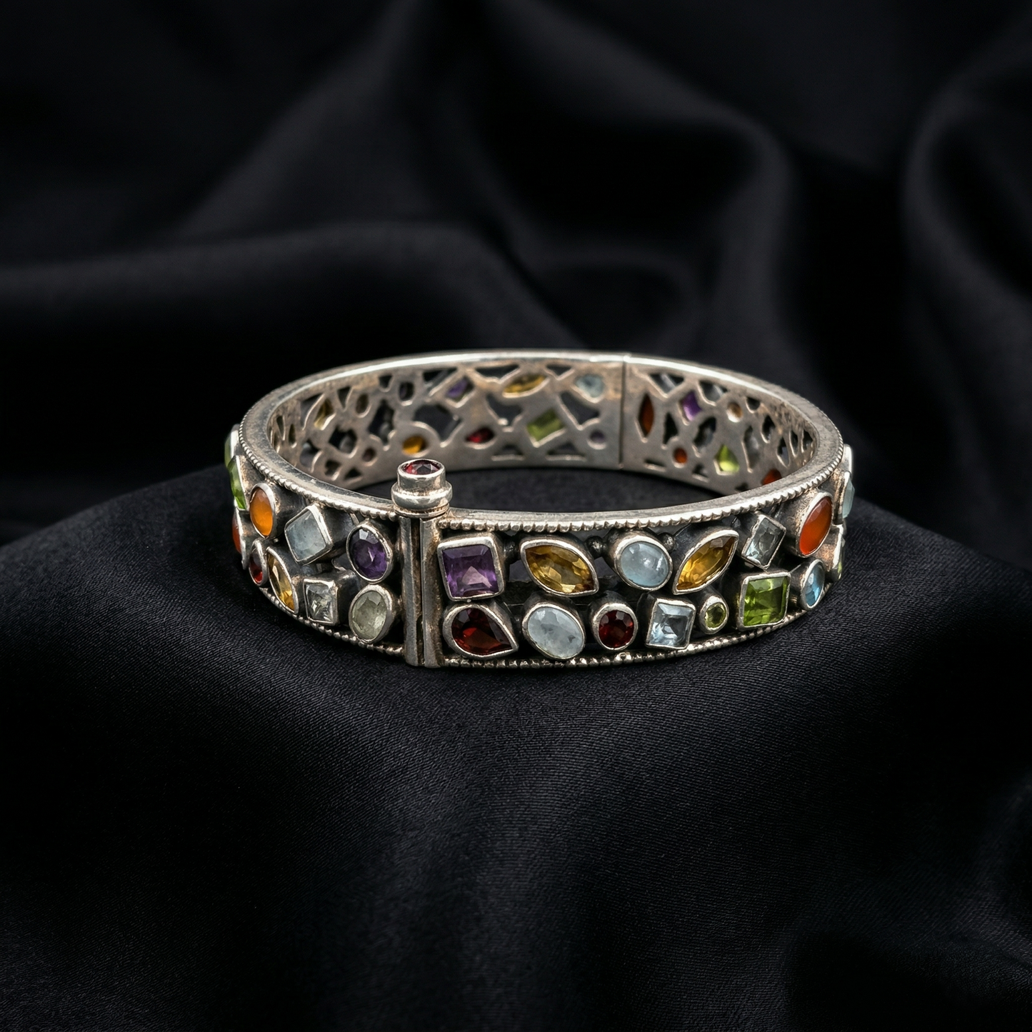 Multi-Gemstone Filigree Silver Kada Bracelet
